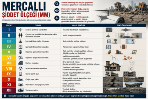 Mercalli Şiddet Ölçeği (MM), depremin insanlar, yapılar ve çevre üzerindeki etkilerini gözlemsel olarak değerlendirerek deprem şiddetini belirlemek için kullanılan en yaygın ölçeklerden biridir.