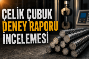 Çelik çubuk deney raporu; akma dayanımı, çekme dayanımı, anma kütlesi ve diğer mekanik özelliklerin TS 708'e uygunluğunu değerlendirmek için kullanılır.