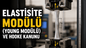 Young Modülü ve Hooke Kanunu'nu anlatan, elastik bölgede uzayan bir malzemeyi gösteren mühendislik temalı görsel.