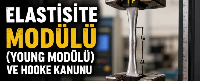 Young Modülü ve Hooke Kanunu'nu anlatan, elastik bölgede uzayan bir malzemeyi gösteren mühendislik temalı görsel.