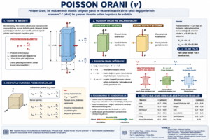 Poisson oranını açıklayan, çekme kuvveti etkisinde uzayan ve yanal yönde daralan malzemeyi temsil eden mühendislik görseli.
