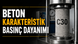 Beton karakteristik basınç dayanımı deneyini gösteren, pres cihazı altında test edilen C30 beton silindirinin gerçekçi görseli.