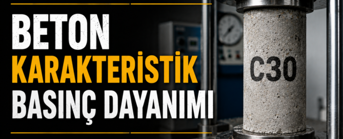 Beton karakteristik basınç dayanımı deneyini gösteren, pres cihazı altında test edilen C30 beton silindirinin gerçekçi görseli.