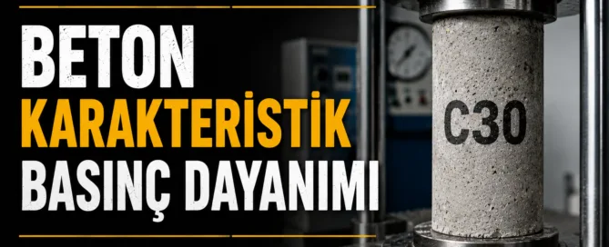 Beton karakteristik basınç dayanımı deneyini gösteren, pres cihazı altında test edilen C30 beton silindirinin gerçekçi görseli.