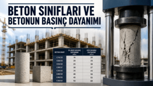 Beton sınıflarını ve betonun basınç dayanımını gösteren, gerçekçi beton basınç testi laboratuvarı görseli.