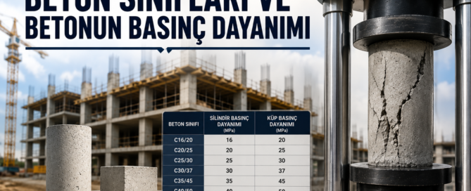 Beton sınıflarını ve betonun basınç dayanımını gösteren, gerçekçi beton basınç testi laboratuvarı görseli.