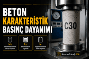 Beton sınıflarını ve betonun basınç dayanımını gösteren, gerçekçi beton basınç testi laboratuvarı görseli.