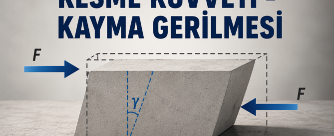 Kesme kuvveti nedeniyle açısal şekil değişimine uğrayan malzemeyi ve kayma gerilmesi davranışını gösteren teknik görsel.