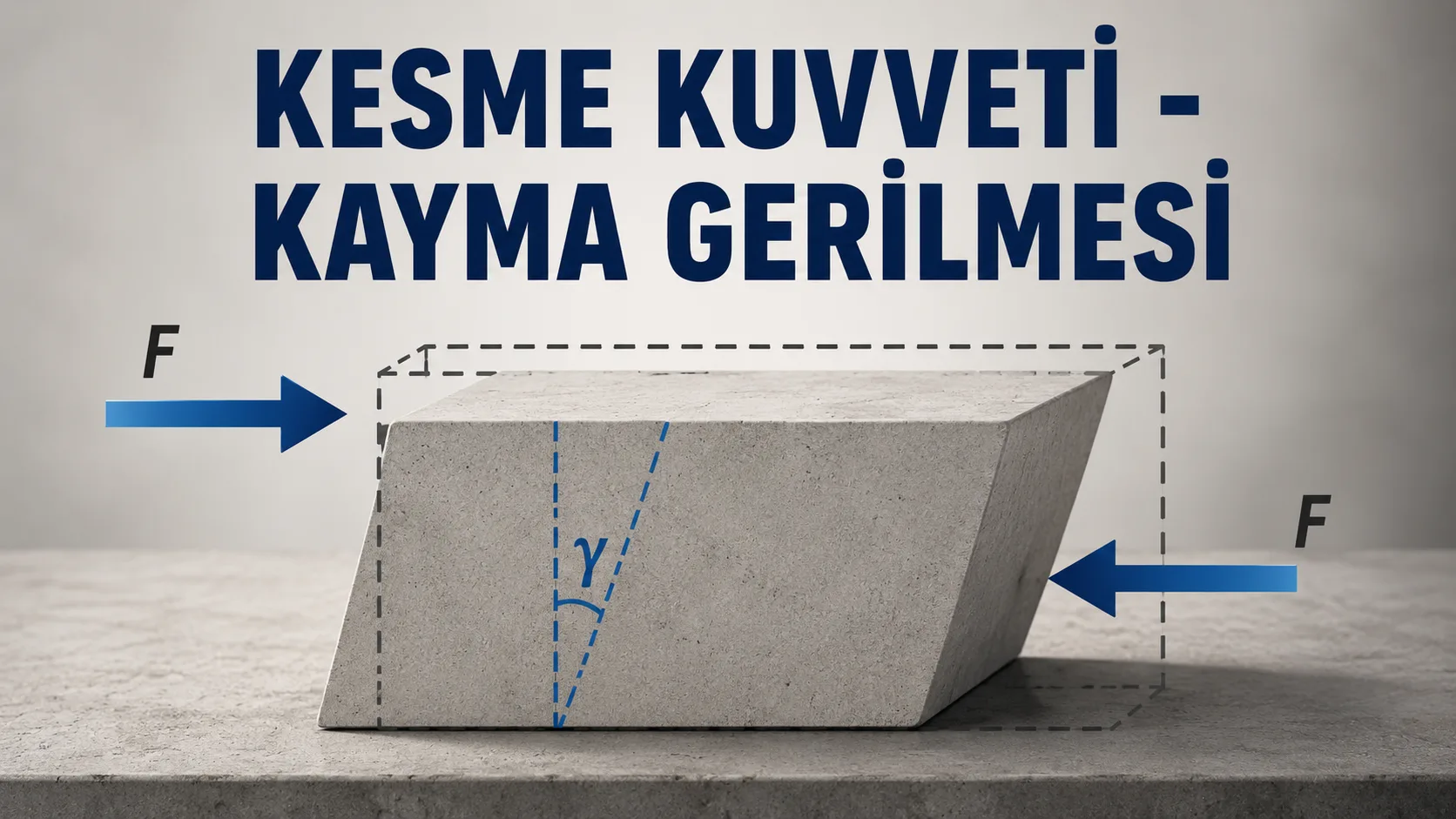Kesme kuvveti nedeniyle açısal şekil değişimine uğrayan malzemeyi ve kayma gerilmesi davranışını gösteren teknik görsel.