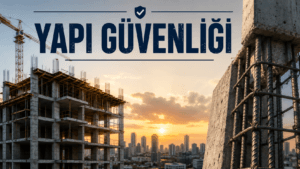 Yapı güvenliği kavramını simgeleyen, betonarme taşıyıcı sistem ve modern bina tasarımını gösteren gerçekçi mühendislik görseli.
