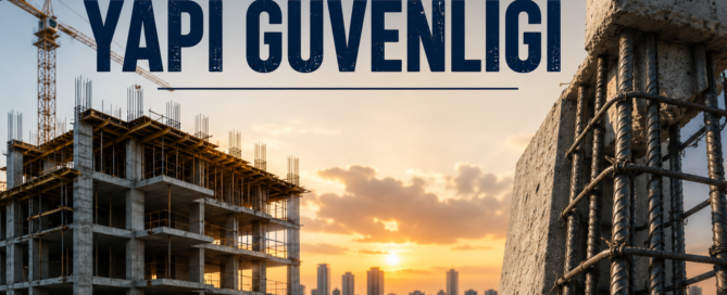 Yapı güvenliği kavramını simgeleyen, betonarme taşıyıcı sistem ve modern bina tasarımını gösteren gerçekçi mühendislik görseli.