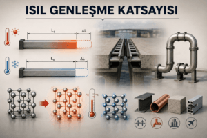 Sıcaklık değişimine bağlı olarak meydana gelen doğrusal ısıl genleşmeyi gösteren gerçekçi mühendislik görseli.