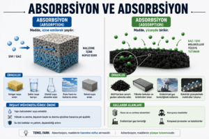 Absorbsiyon ile adsorbsiyon arasındaki farkı gerçekçi şekilde gösteren mühendislik ve malzeme bilimi görseli.