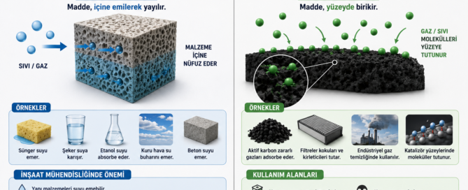 Absorbsiyon ile adsorbsiyon arasındaki farkı gerçekçi şekilde gösteren mühendislik ve malzeme bilimi görseli.