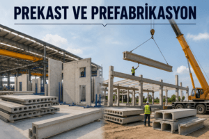 Prekast beton elemanlar ile prefabrik yapı montajını gösteren profesyonel ve gerçekçi mühendislik görseli.