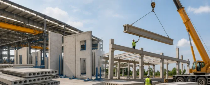 Prekast beton elemanlar ile prefabrik yapı montajını gösteren profesyonel ve gerçekçi mühendislik görseli.