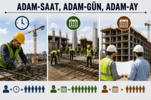 İnşaat projesinde çalışan ekip ve zaman planlamasını temsil eden, adam-saat, adam-gün ve adam-ay kavramlarını anlatan profesyonel görsel.