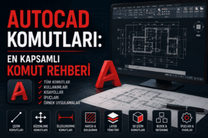 AutoCAD komutları, kısayolları ve kullanım örneklerini içeren rehber görseli