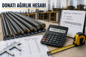 Donatı ağırlık hesabı için kullanılan farklı çaplardaki inşaat demirlerini gösteren profesyonel ve gerçekçi görsel.