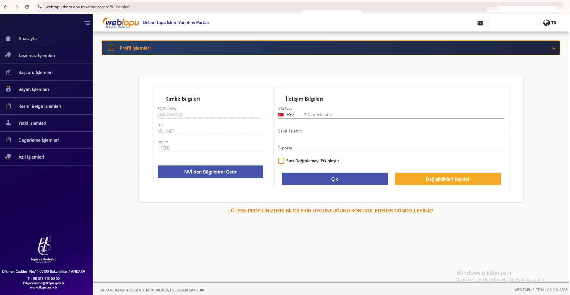 web tapu giriş ekranı, ana panel