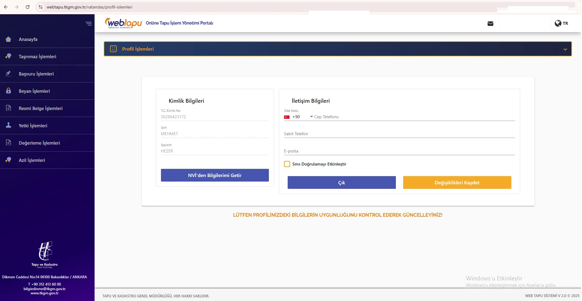 web tapu giriş ekranı, ana panel