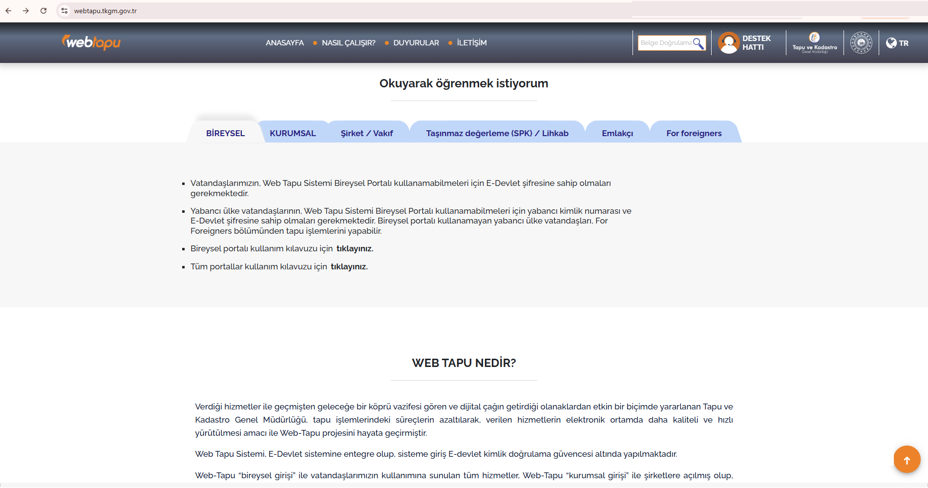 web tapu web sitesindeki okuma anlatım kısmı web tapu kullanma kılavuzu