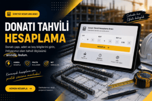Donatı tahvili hesaplama aracı arayüzü, demir çap dönüşümü ve donatı hesaplama ekranı