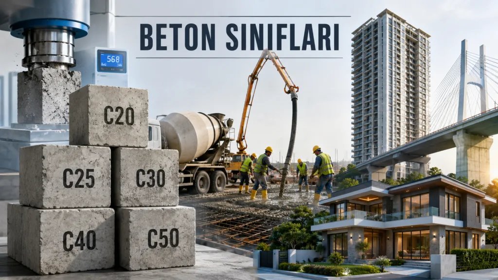Beton sınıfları ve dayanım değerlerini gösteren mühendislik tablosu