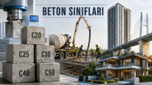 Beton sınıfları ve dayanım değerlerini gösteren mühendislik tablosu