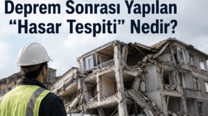 Deprem sonrası bina hasar tespiti yapan uzmanların taşıyıcı sistemi incelediği profesyonel görsel.