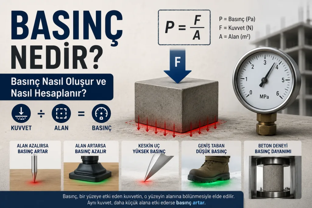 Basınç formülünü ve günlük hayattaki basınç örneklerini gösteren görsel